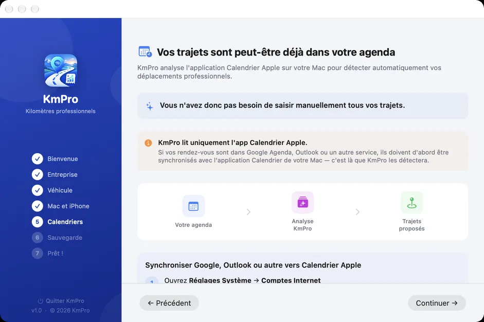 KmPro sur Mac : écran d’import du calendrier, avec les agendas à connecter