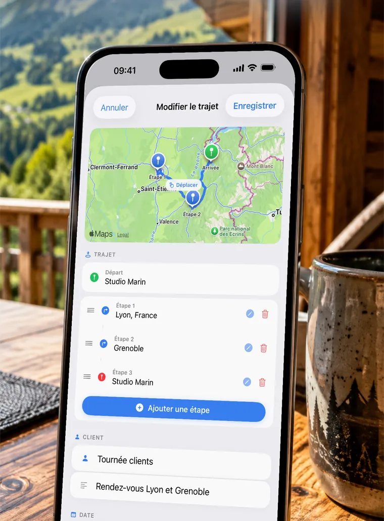 iPhone affichant un trajet à étapes dans KmPro : Lyon, Grenoble puis retour, sur une carte (données de démonstration)
