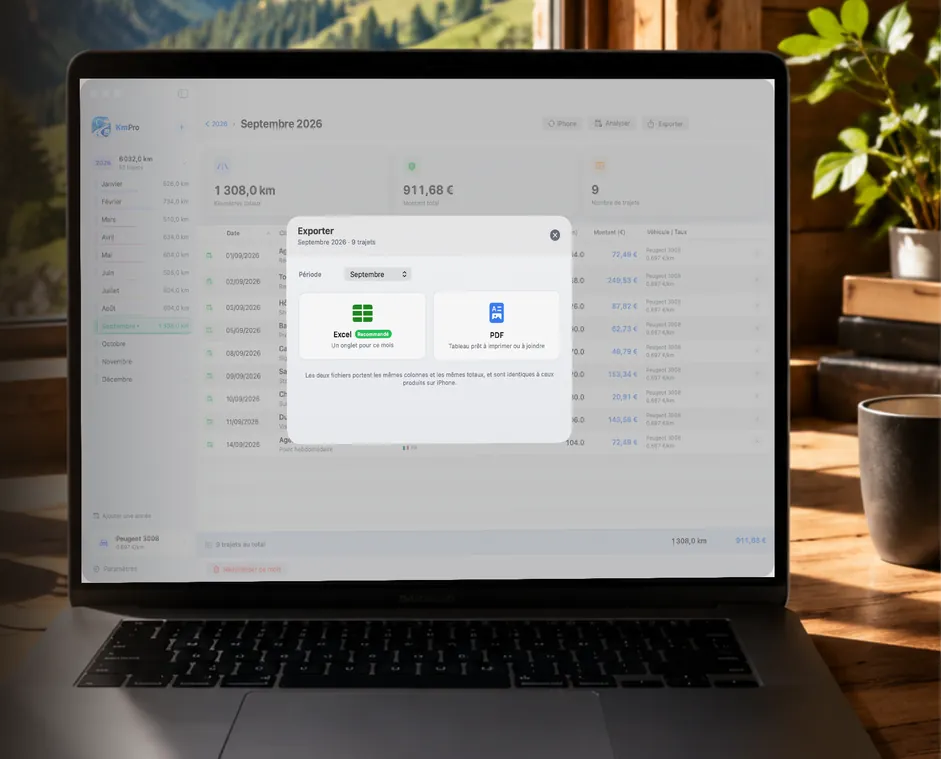 Fenêtre d’export de KmPro sur Mac : choix entre Excel et PDF, par mois ou par année (données de démonstration)