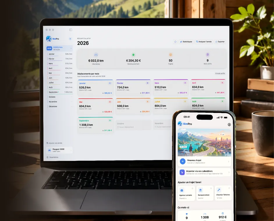 MacBook et iPhone affichant les mêmes données KmPro, synchronisées par iCloud (données de démonstration)