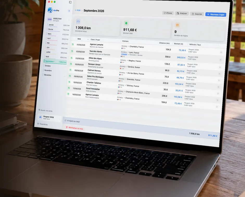 Détail d’un mois dans KmPro sur Mac : chaque trajet avec sa date, sa distance et son montant (données de démonstration)