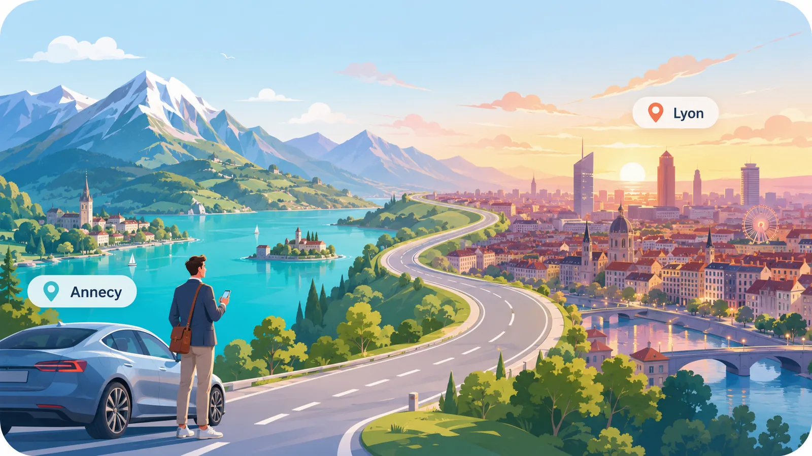 Illustration KmPro : une route relie Annecy et son lac à Lyon, un conducteur consulte son iPhone près de sa voiture